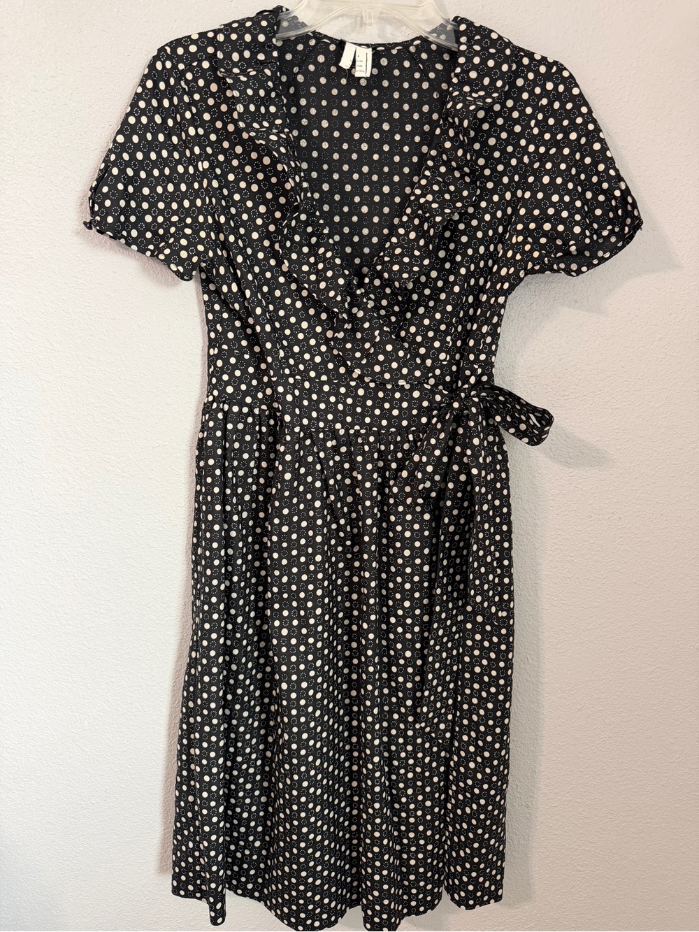 J. Crew 100% Silk Polka Dot Wrap Dress with Ruffles Black White Size 4
